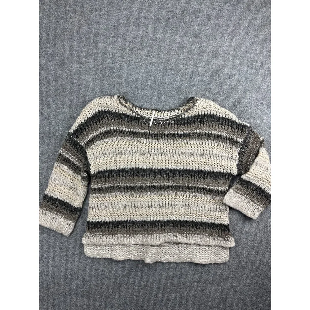 Free People Cream and Gray Striped Knit Scoop Neck Sweater